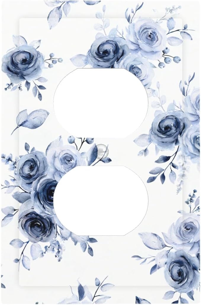Watercolor Blue Roses Duplex Wall Plate - 1-Gang Standard US Size Serene Floral Outlet Covers, French Country Vintage Bouquet for Farmhouse Homes