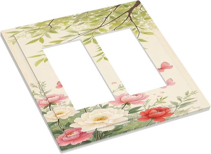 Decorative Outlet Covers Garden Flowers Green Leaves And Butterflies 2 Gang Double GFCI Rocker Electrical Wall Panels Light Switch Cover Plate for Bedroom Cabin Decor