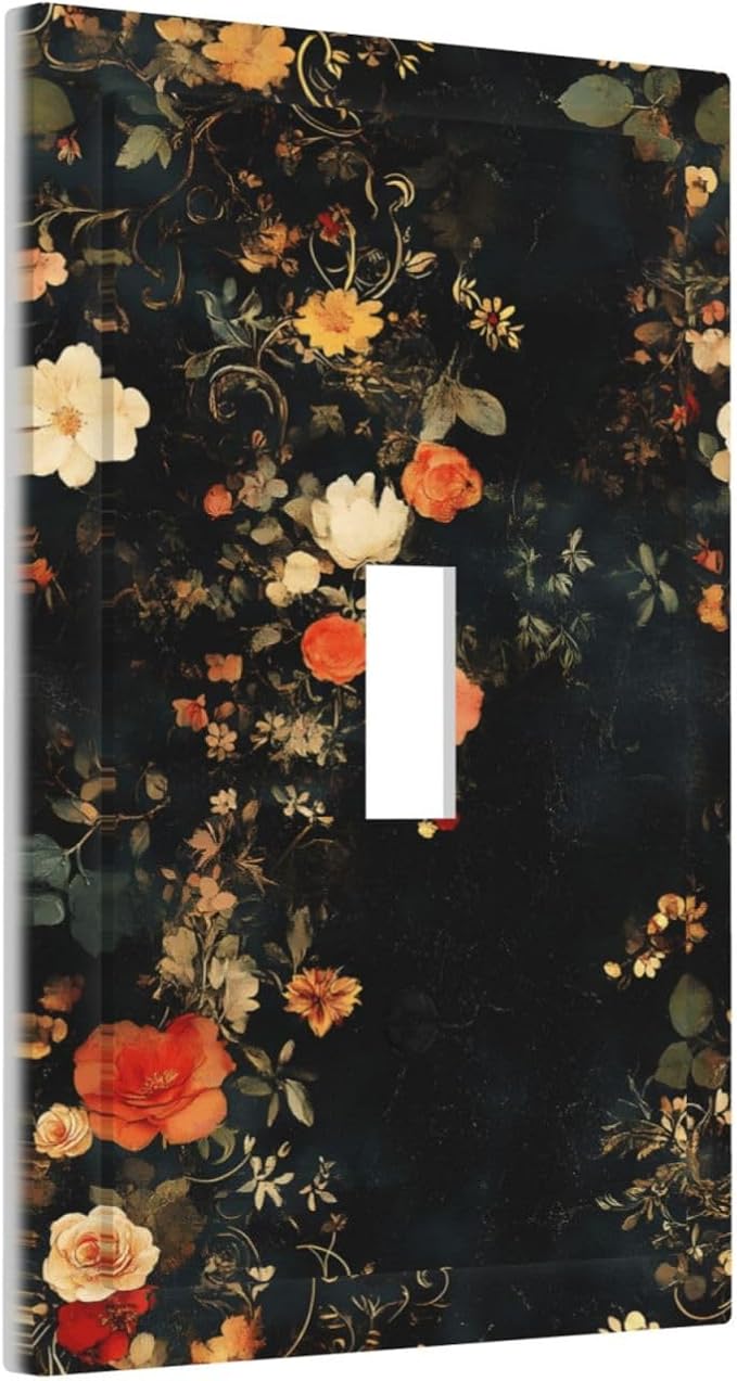 Vintage Orange Pink Black Roses Floral Flower Decorative Light Switch Cover 1 Gang Single Toggle Device Electrical Faceplate Switchplates Decorator Outlet Wall Plate for Farmhouse Bedroom Decor