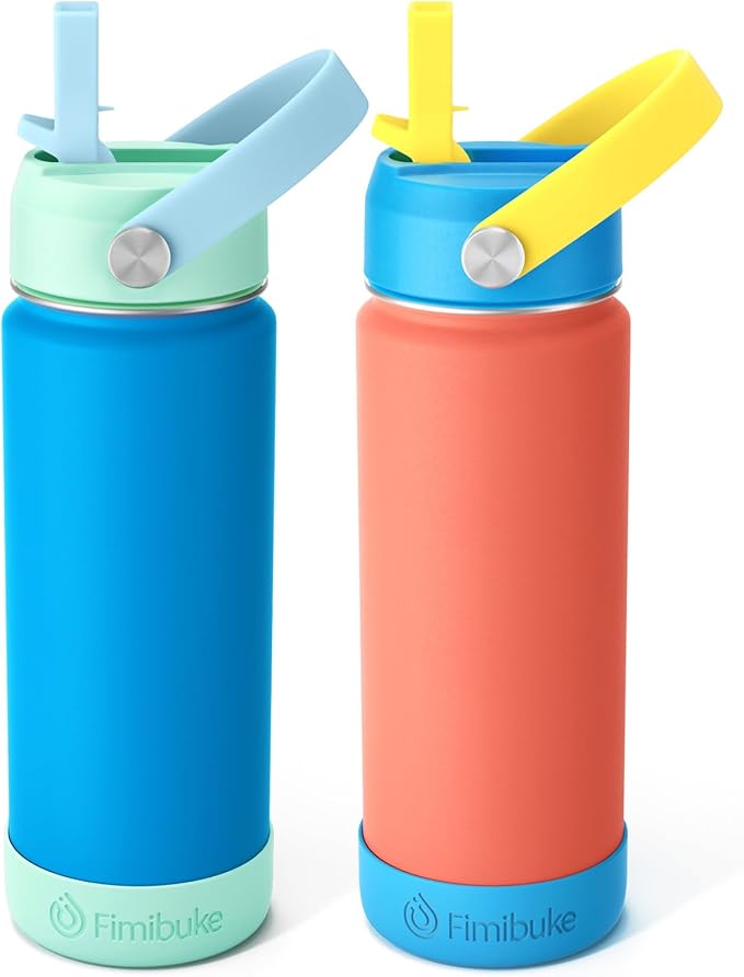Fimibuke Kids Insulated Water Bottle, 18oz BPA FREE Kids Cups with Straw Double Wall Vacuum Tumbler 18/8 Stainless Steel Leak Proof Toddler Water Bottle for School Boys Girls (2 Pack, Ocean Life)