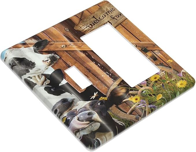 Decorative Switch Plate Covers Farm Cow Farmhouse Barn Door Rustic Vintage Wooden 2 Gang 1 Gang Single Toggle Rocker Device Combination Light Switch Cover Wall Plate Electrical Faceplate