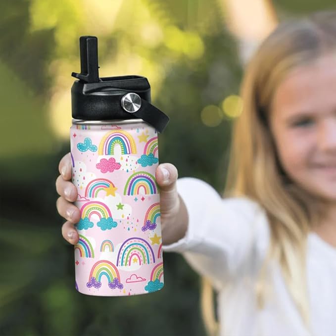 Kids Water Bottle Rainbow Water Bottles 12oz with Straw Insulated Stainless Steel Travel School Tumbler Double Wall Vacuum Cup for Girls Kid
