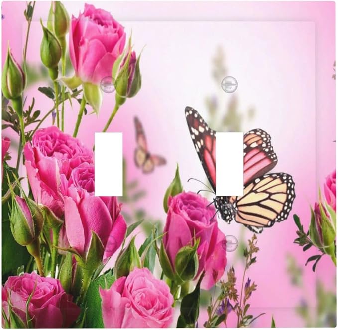 Floral Pink Roses Butterfly Flowers Bouquet Blossom Love Romance Petal 2 Gang Double Toggle Light Switch Cover Decorative Wall Plate Faceplate Butterfly Floral Girls Bathroom Home Living Room Decor