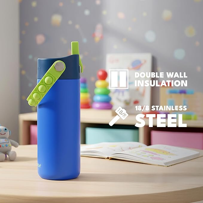 Elemental Insulated Kids Water Bottle, Stainless Steel Water Bottle with Straw Lid & Pop-It Handle, Leak-Proof Water Bottles for School, Boys or Girls, Travelling and Sports, 18oz - Night Fall