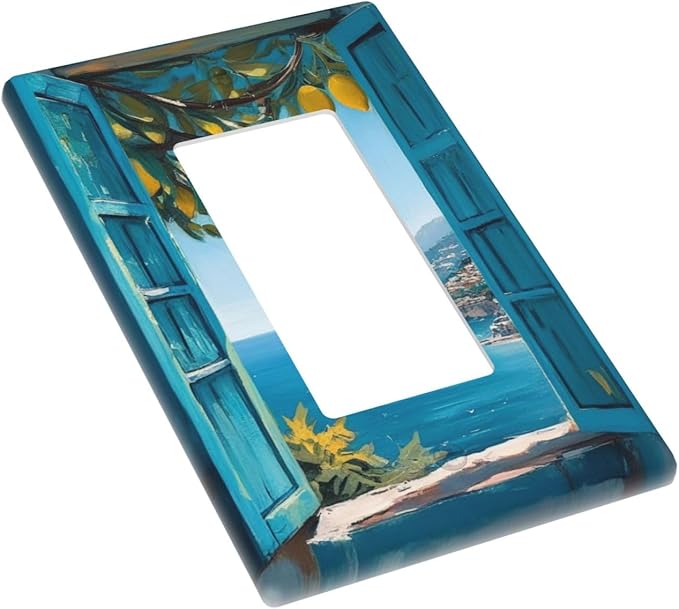 Decorative Art Light Switch Covers Blue Seaside Window with Lemons 1 Gang Rocker Outlet Wall Plate Switchplate Electrical Faceplate for Home Decor