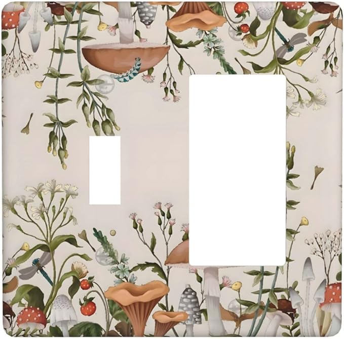 Boho Mushroom Forest Plants Wildflowers Insects Outlet Covers 1 Toggle 1 Rocker Combination Decorative Wall Plate Electrical Switch Plates Light Switch Cover Plate for Kids Room Home Decor