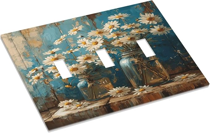 Delicate White Daisy Jars Retro Wood Background Decorative Switch Plates 3 Gang Wall Plate Triple Toggle Light Switch Cover Faceplate Electrical Wall Panels for Farmhouse Home Decor