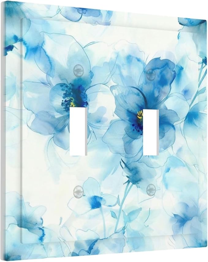 Watercolor Flower Blue White Large Floral Leaf Plants Decorative Switch Plates 2 Gang Double Toggle Outlet Light Switch Cover Wall Plate Electrical Faceplate for Bedroom Living Room Decor