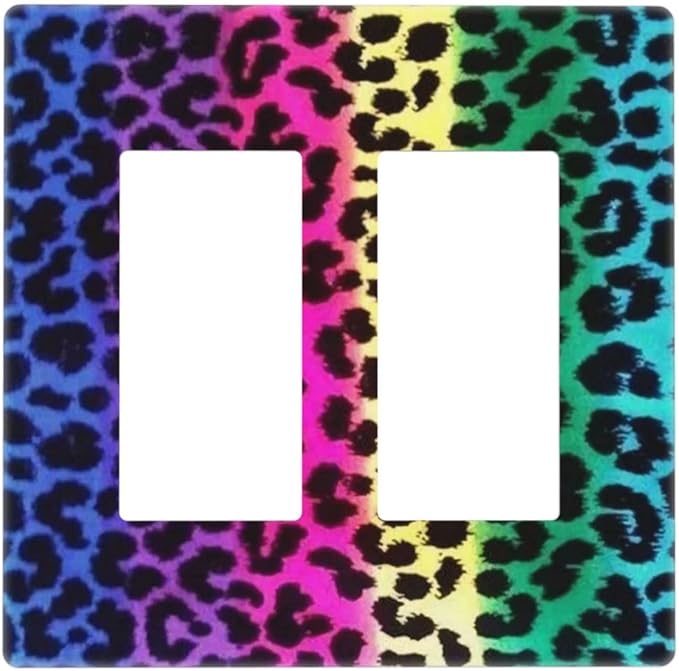Rainbow Colorful Leopard 2 Gang Double Rocker/Decor Light Switch Cover Decorative Outlet Wall Plate Electrical Faceplate Home Bedroom Art Panel Decor Screwless 4.7" x 4.6