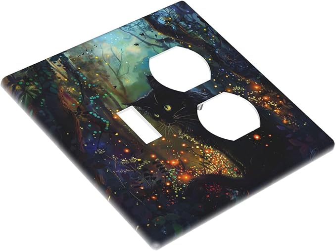 Light Switch Cover Plate Magic Fantasy Forest Mysterious Black Cat 2 Gang Decorative Switch Plates 1 Toggle Duplex Combo Outlet Covers GFCI Wall Plates for Kid Room Bathroom Decor
