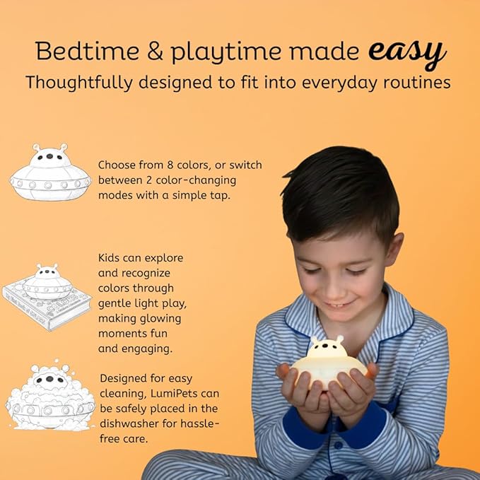 Lumipets UFO Spaceship LED Baby Night Light, Cordless, Touch Control, Soft Silicone Material, 8 Lulling Colors, Portable