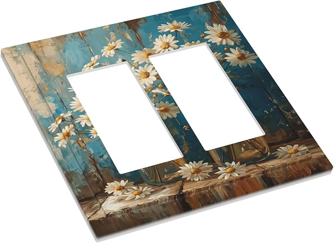 Delicate White Daisy Jars Retro Wood Background Decorative Outlet Covers 2 Gang Double GFCI Rocker Electrical Wall Panels Light Switch Cover Plate for Farmhouse Home Decor