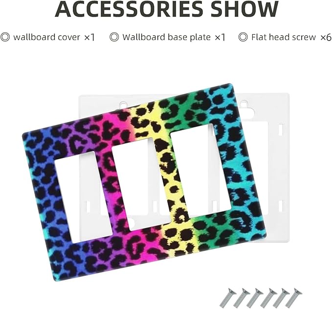 Rainbow Colorful Leopard 3 Gang Triple Rocker/Decor Light Switch Wall Plate Cover Decorative Electrical Faceplate For Girls Boys Home Bedroom Decorate Large Size 6.57" x 4.65