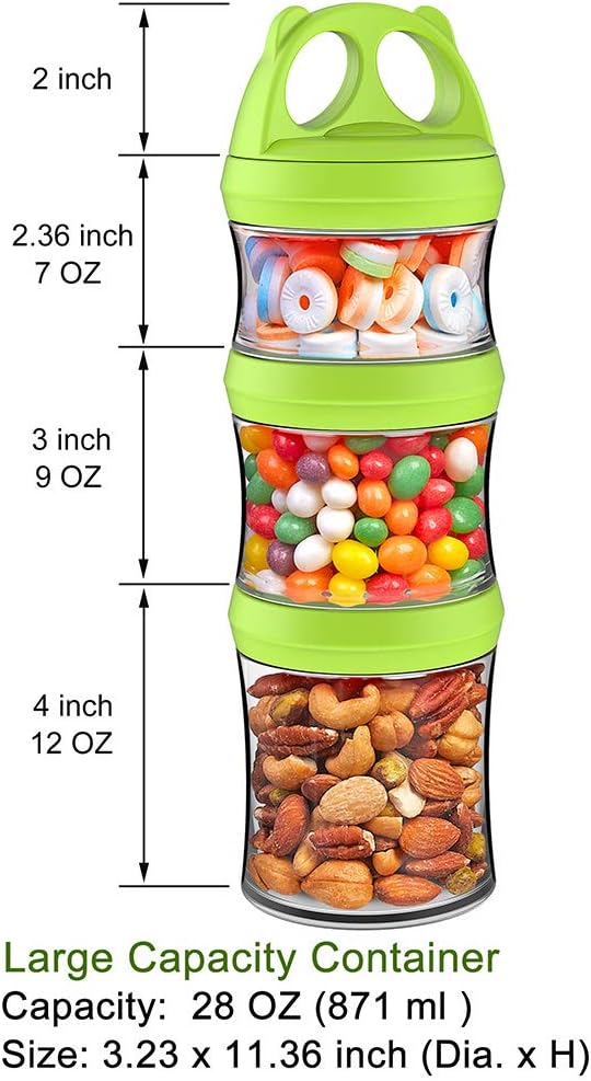 SELEWARE Portable Stackable Food Storage Containers for Snacks Formula Powder and Drinks Twist Lock System Airtight Leak-proof BPA and Phthalate Free 3 Piece Jars 28oz Green