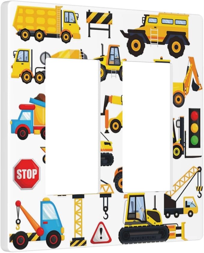 Cartoon Kids Car Truck 2 Gang Double GFCI Rocker Rocker/Decorator Light Switch Cover Decorative Outlet Wall Plate Electrical Faceplate Screwless