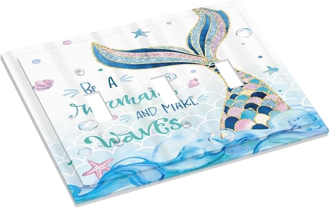 Mermaid Ocean Blue Waves Kids Girl 3 Gang Light Switch Covers Decorative Triple Toggle Wall Plate Electrical Faceplate Switchplate for Kidroom Bathroom Bedroom Home Decor