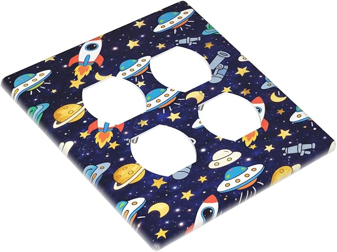 Decorative Outlet Covers Blue Space-themed Rocket Spaceship 2 Gang Light Switch Cover Plate Double Duplex Wall Plates for Electrical Switch Plate Covers for Children's Room Decor