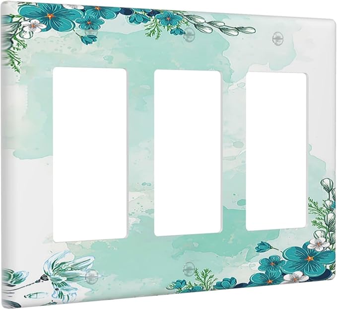 Light Switch Covers Blue Green Flowers Light Green Watercolor Patterns 3 Gang Rocker Electrical GFCI Decorative Triple Outlet Wall Plate Cover Switchplate for Bedroom Home Decor