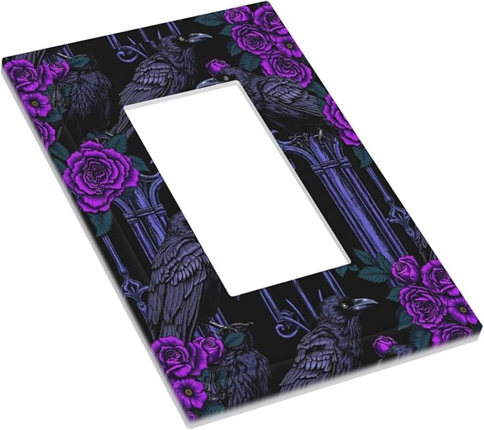 Decorative Outlet Covers Gothic Style Crow Purple Flowers 1 Gang Single Rocker Light Switch Cover Plate Wall Plates GFCI Faceplate for Bedroom living Room Decor
