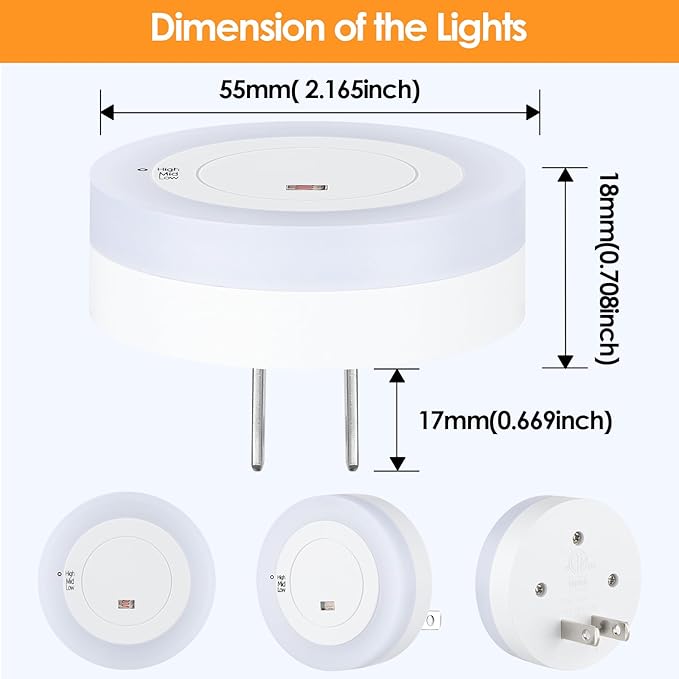 FOLKSMATE LED Night Lights Plug in, Dimmable Nightlight Plug Into Wall with Light Sensor, Soft White Adjustable for Adults, Bedroom, Bathroom, 2-Pack