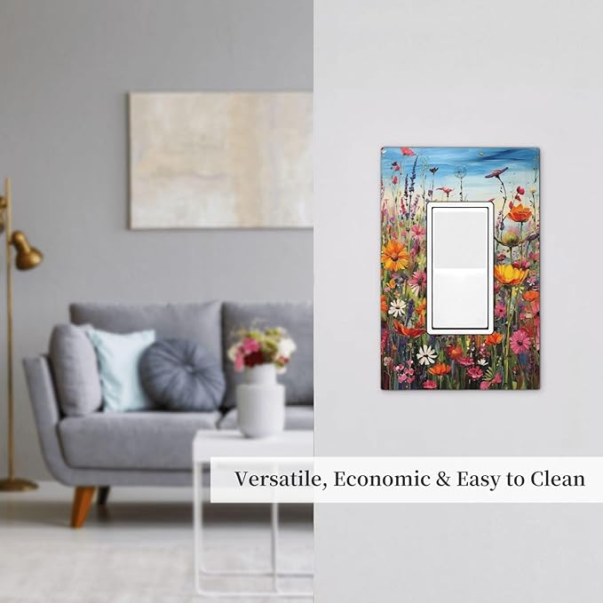 Colorful Wildflowers Painting Floral Flower Decorative Outlet Covers 1 Gang Single Rocker Light Switch Cover Plate Wall Plates GFCI Faceplate for Bedroom Living Room Decor