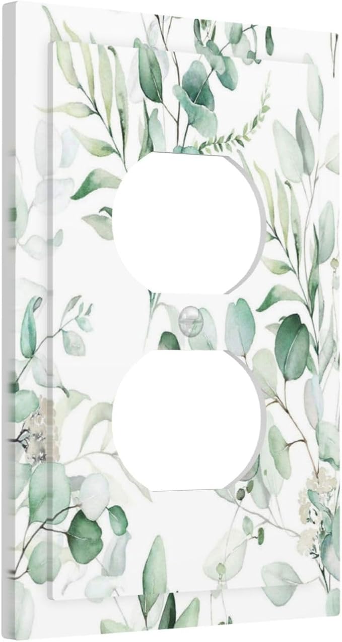 Boho Green Eucalyptus Leaf Floral Plants Flowers Outlet Covers 1 Gang Duplex Light Switch Cover Decorative Switch Plates Electrical Receptacle Faceplate Wall Plate for Bed Room Living Room Decor