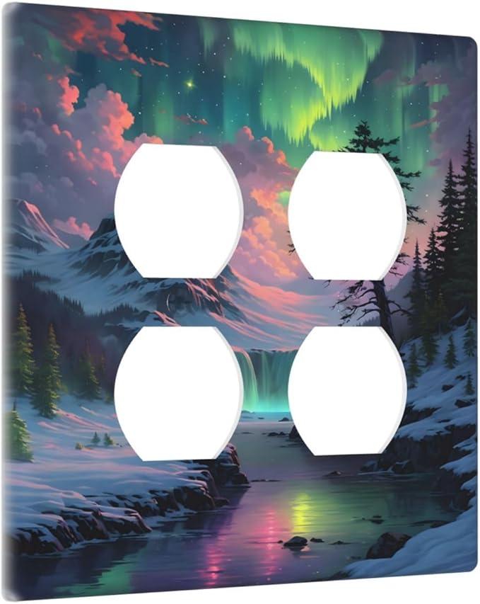 Snow Mountain Aurora Waterfalls Rivers Forest Outlet Covers 2 Gang Double Duplex Decorative Light Switch Covers Electrical Wallplates Socket Faceplate for Bedroom Living Room Decor