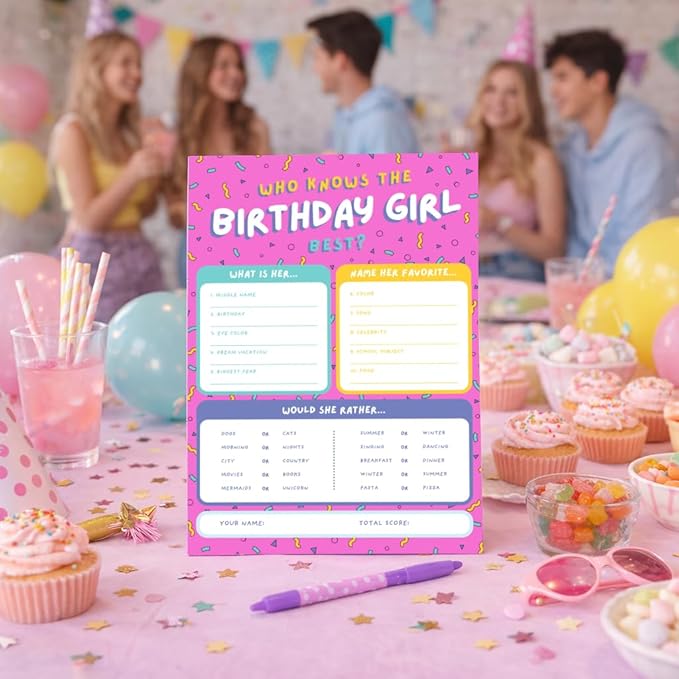Markt Who Knows The Birthday Girl Best, Birthday Party Games for Kids Party Games, Game Supplies and Activities for Teens, Boys or Girls (Pink)