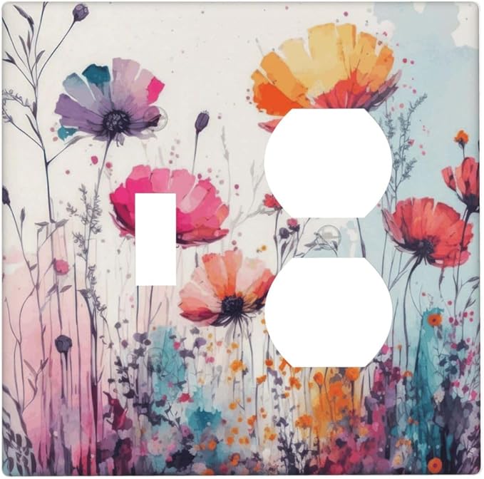 Decorative Outlet Covers Colorful Watercolor Wildflowers Elegant Painting Floral 2 Gang Wall Plate Single Toggle Duplex Light Switch Cover Switch Plate Covers Faceplate for Bedroom Decor