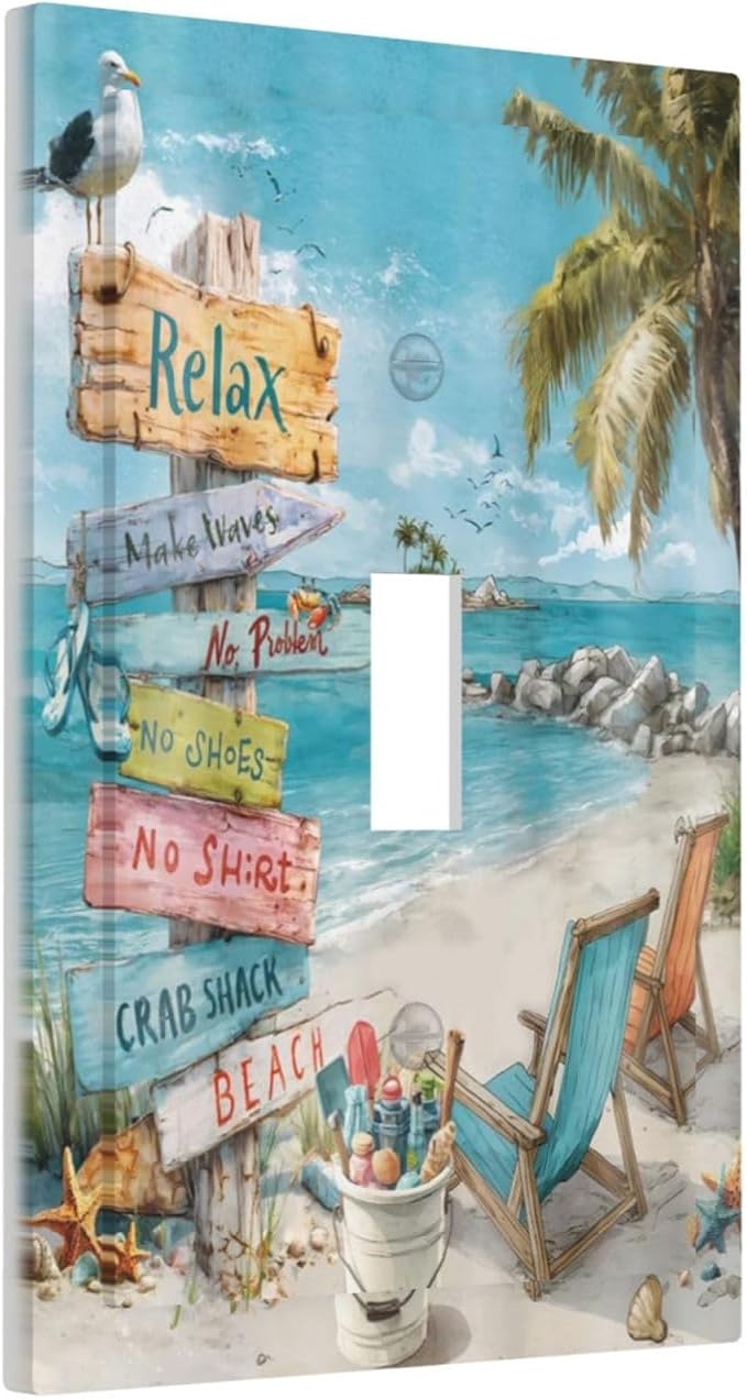 Ocean Beach Tropical Palm Tree Coastal Seaside Decorative Light Switch Cover 1 Gang Single Toggle Device Electrical Faceplate Switchplates Decorator Outlet Wall Plate for Kids Room Living Room Decor