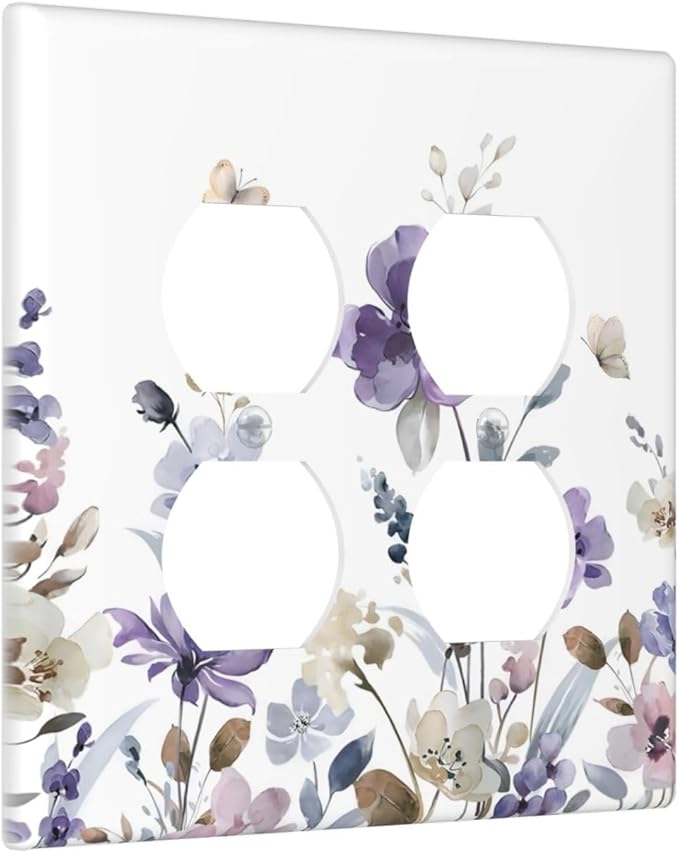 Purple Watercolor Flower Floral Butterfly Outlet Covers 2 Gang Double Duplex Decorative Light Switch Covers Electrical Wallplates Socket Faceplate for Bedroom Living Room Decor