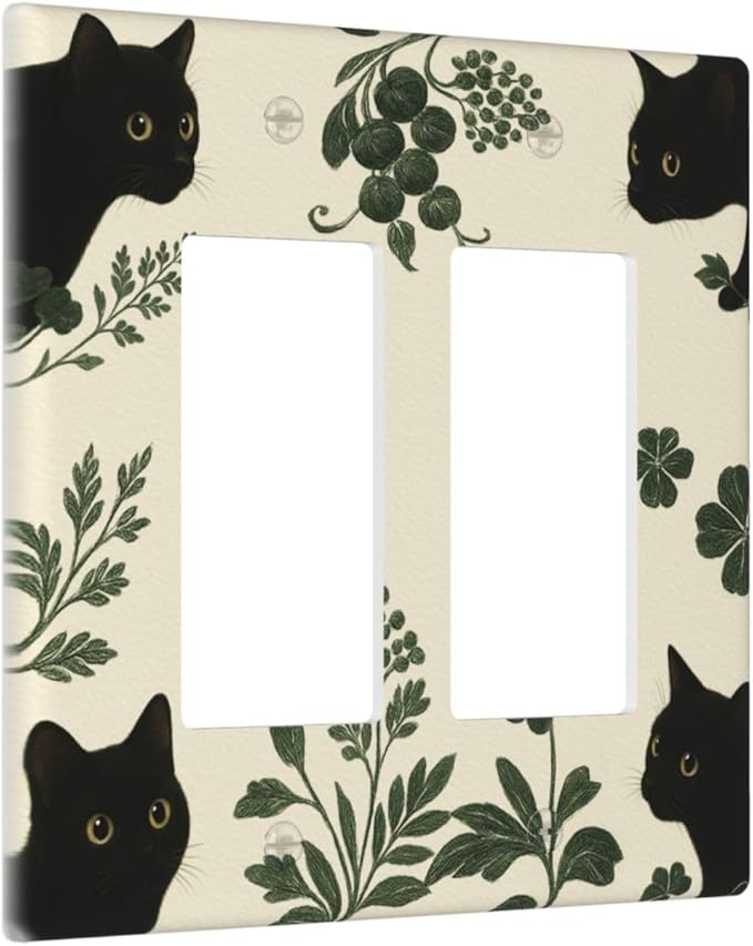 Decorative Outlet Covers Funny Black Cat Green Leaf 2 Gang Light Switch Cover Plate Double Rocker Wall Plates for Electrical Outlets Switch Plate Covers for Bedroom Home Decor