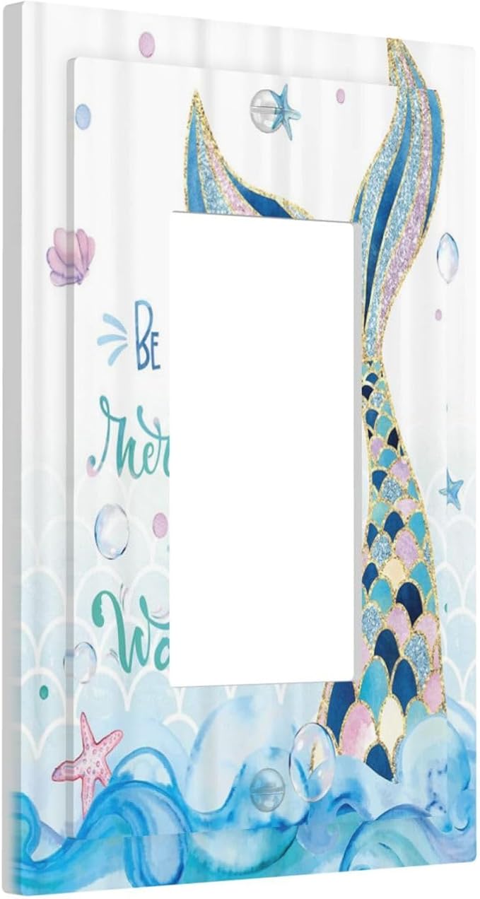Mermaid Ocean Blue Waves Kids Girl 1 Gang Rocker Light Switch Covers Decorative Single Decora Outlet Wall Plate Faceplate Switchplate GFCI for Kidroom Bathroom Bedroom Decor