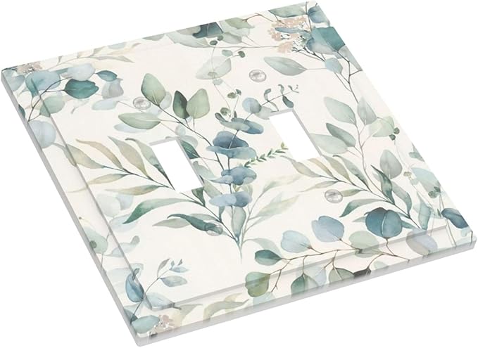 Boho Green White Eucalyptus Leaf Floral Decorative Switch Plates 2 Gang Double Toggle Outlet Light Switch Cover Wall Plate Electrical Faceplate for Farmhouse Living Room Decor