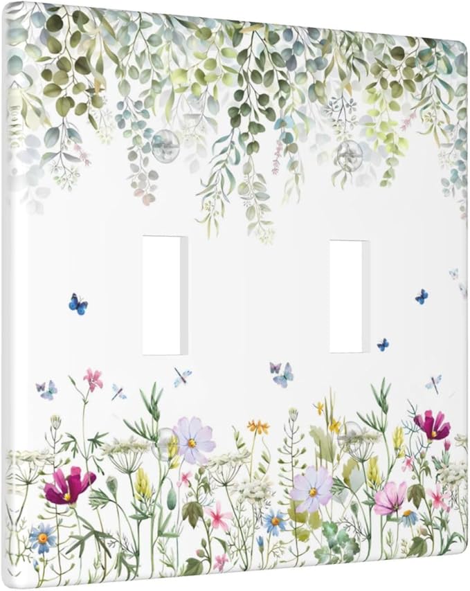 Green Floral Leaves Light Switch Cover Decorative Wild Flower 2 Gang Double Toggle Wall Plate Electrical Switchplate Faceplate for Bathroom Kitchen Bedroom