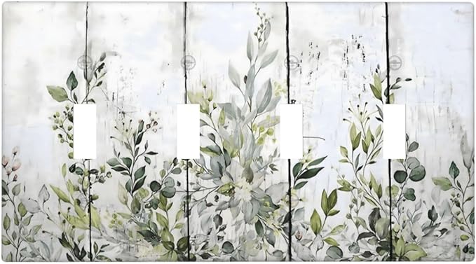 Sage Green Eucalyptus Rustic Country Botanical Leaf Flower Light Switch Covers Quad Toggle Electrical Faceplate 4 Gang Wall Plate Decorative Switch Plates Cover for Farmhouse Bedroom Decor