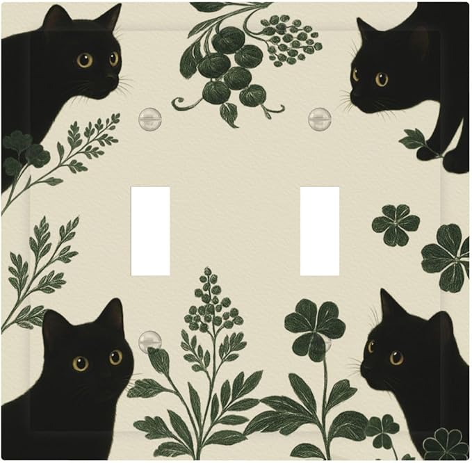 Decorative Light Switch Cover Plate Funny Black Cat Green Leaf 2 Gang Outlet Covers Double Toggle Wall Plates for Electrical Outlets Switch Plate Covers Faceplate for Bedroom Home Decor