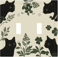 Decorative Light Switch Cover Plate Funny Black Cat Green Leaf 2 Gang Outlet Covers Double Toggle Wall Plates for Electrical Outlets Switch Plate Covers Faceplate for Bedroom Home Decor