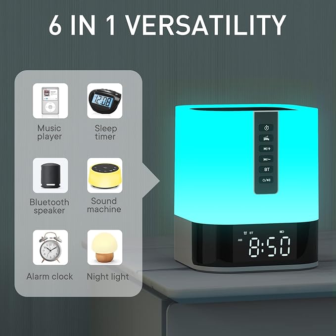 White Noise Sound Machine Alarm Clock with Bluetooth Speaker, 48 Night Light, 16 Soothing Sounds for Baby Adults Sleeping & Kids Bedroom, Bedside Lamp with Clock, Gift Ideas for Teenage Boys Girls