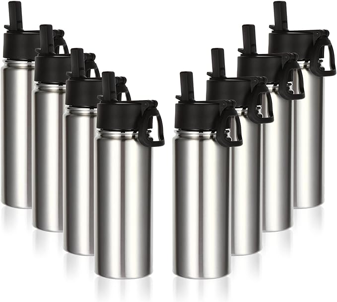 Volhoply 18oz Insulated Water Bottle Bulk 8 Pack,Kids Stainless Steel Water Bottles with Straw,Reusable Metal Water Bottle,Double Wall Vacuum Sports Water Flask For Cold Drink(Silver,8 Set)