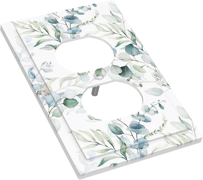 Boho Watercolor Green/White Spring Eucalyptus Saga Leaves Plant Botanical 1 Gang Device Duplex Receptacle Wall Plate Electrical Outlet Decorative Decorator Light Switch Face Plate Plug Socket Cover