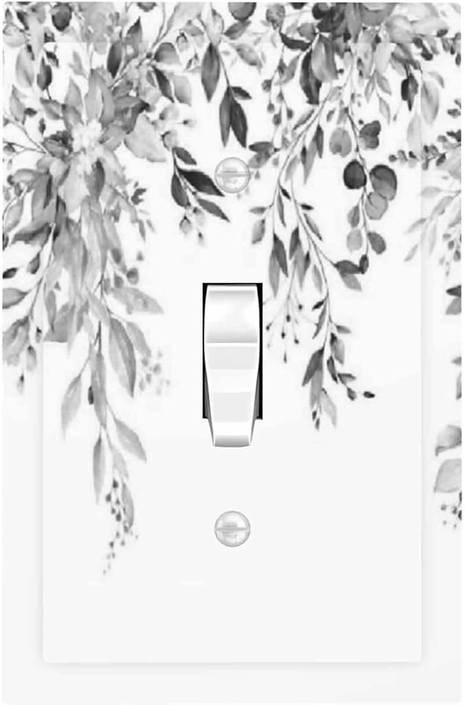Decorative Light Switch Cover Grey Floral Plant Eucalyptus Leaf Flower 1 Gang Single Toggle Device Electrical Faceplate Switchplates Decorator Outlet Wall Plate For Bed Room Living Room