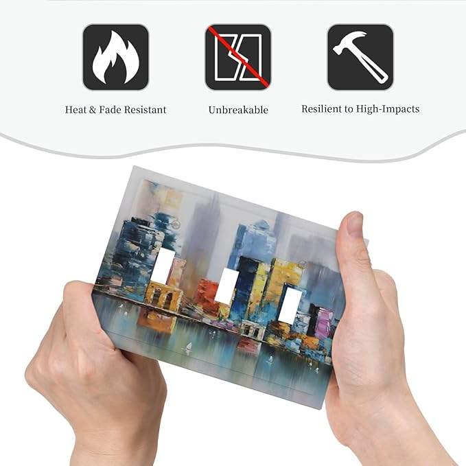Colorful Nyc Skyline Textured Modern Abstract Decorative Switch Plates 3 Gang Wall Plate Triple Toggle Light Switch Cover Faceplate Electrical Wall Panels for Bedroom Living Room Decor