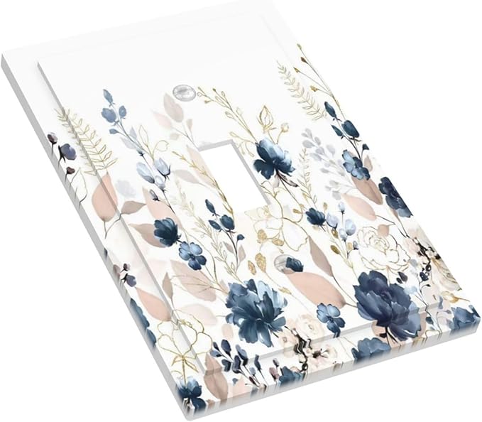 Blue Flora Boho Vintage Flower Golden Leaves Decorative Light Switch Cover 1 Gang Single Toggle Device Electrical Faceplate Switchplates Decorator Outlet Wall Plate for Bedroom Living Room Decor