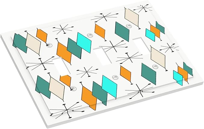 Teal/Green Mid Century Boho Abstract Triple Toggle Decorator Outlet Light Switch Wall Plate Cover 1960s Atomic Diamond Stars Pattern Art Jumbo Decorative 3 Gang Three Device Receptacle Faceplate Cover