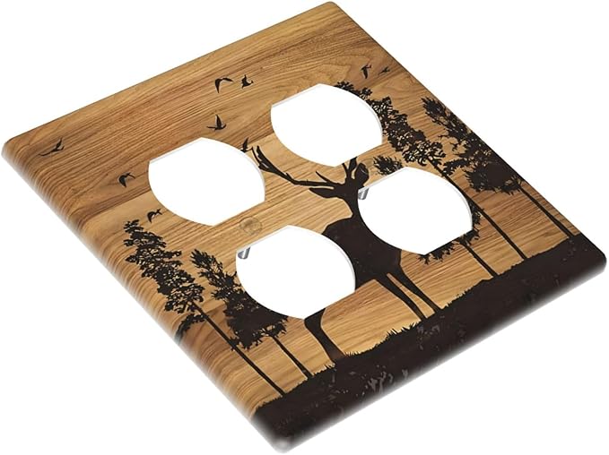 Elk Moose Forest Hunting Pyrography Art Wood Texture Print Outlet Covers 2 Gang Double Duplex Decorative Light Switch Covers Electrical Wallplates Socket Faceplate for Farmhouse Bedroom Decor