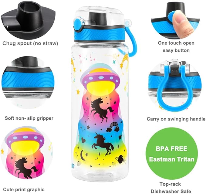 Home Tune Cute Water Bottle for School Kids Girls, BPA FREE Tritan & Leak Proof & Easy Clean & Carry Handle, 23oz/ 680ml (UFO)