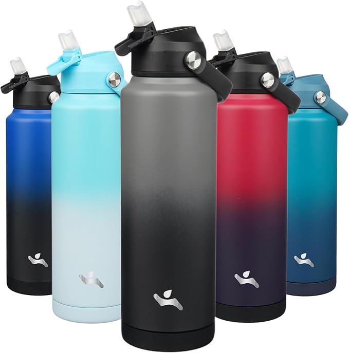 Konokyo Insulated Water Bottle with Straw Lid,40 oz Stainless Steel Vacuum Metal Bottle with Silicone Handle,Gray Black