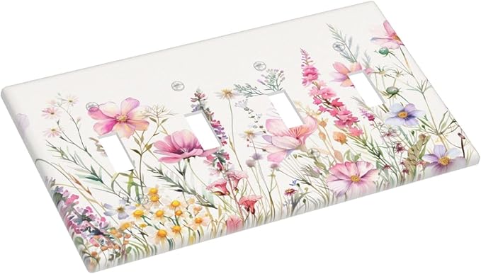 Pink Floral Wild Flowers Watercolor Plants Light Switch Covers Quad Toggle Electrical Faceplate 4 Gang Wall Plate Decorative Switch Plates Cover for Bedroom Living Room Decor