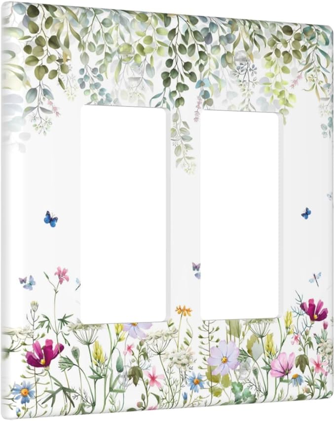 Green Floral Leaves Light Switch Cover Decorative Wild Flower 2 Gang Rocker Toggle Wall Plate Electrical Switchplate Faceplate for Bathroom Kitchen Bedroom